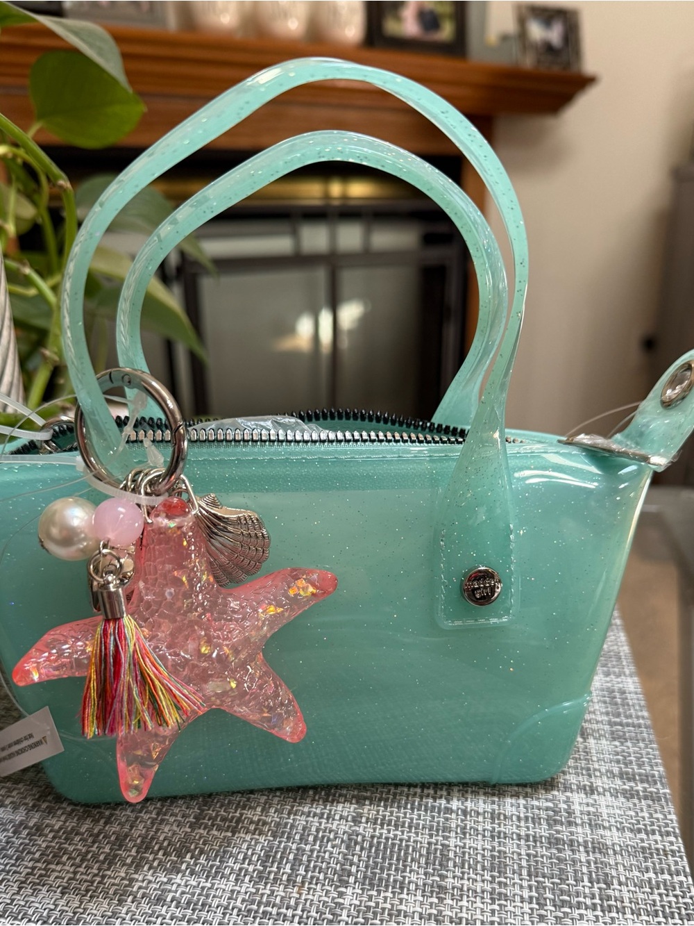 Madden Girl Mint Tote Glitter Jelly Crossbody Bag with Pink Sea Star Charm